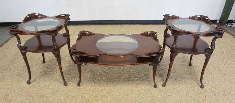 MAHOGANY 3 PIECE CARVED END & COFFEE TABLE SET (1 of 3)