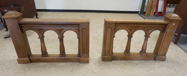 2 OAK ARCHITECTUAL RAILS: 2 OAK ARCHITECTUAL RAILS, EACH APPROXIMATELY 48 IN X 35 IN HIGH
