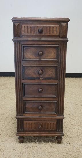 NARROW MARBLE TOP 6 DRAWER STAND: NARROW MARBLE TOP 6 DRAWER STAND W/LOSSES, APPROXIMATELY 14 IN X 15 IN X 37 IN HIGH