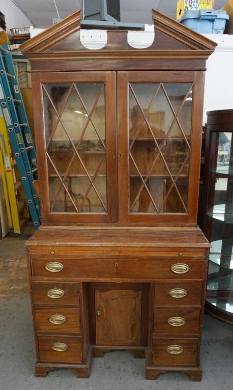 ANTIQUE 2 PART MAHOGANY DESK: ANTIQUE 2 PART MAHOGANY DESK, AS FOUND, APPROXIMATELY 19 IN X 38 IN X 78 IN HIGH