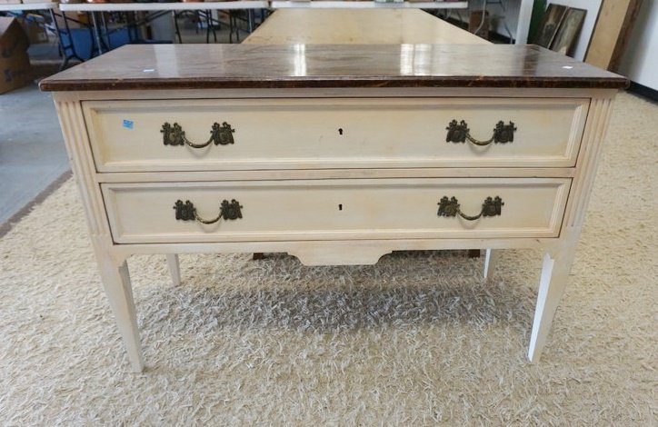 2 DRAWER FAUX PAINTED TOP CHEST: 2 DRAWER FAUX PAINTED TOP CHEST, APPROXIMATELY 19 IN X 44 IN X 32 IN HIGH