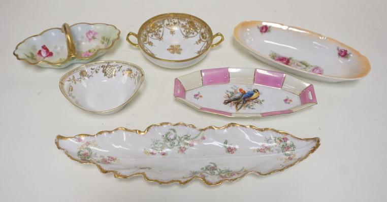 6 PIECE CHINA LOT: 6 PIECE CHINA LOT, INCLUDES HAND PAINTED NIPPON, MZ AUSTRIA, LIMOGES, ETC, LEAF DISH IS 13 1/4 IN