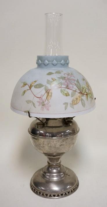 MILLER LAMP W/ANTIQUE HAND PAINTED SHADE: MILLER LAMP W/ANTIQUE HAND PAINTED SHADE, 20 3/4 IN TO TOP OF CHIMNEY