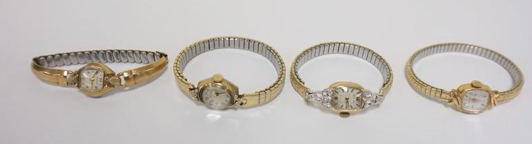 LOT OF 4 LADIES WATCHES: LOT OF 4 LADIES WATCHES INCLUDING 2 WITTNAUER, ELLESS AND BENRUS MARKED 14K