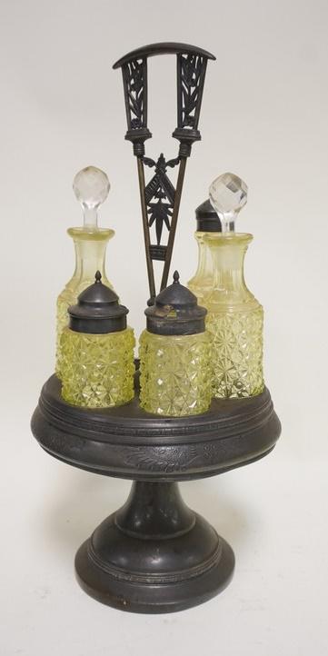 ANTIQUE VASELINE PATTERN GLASS CASTOR SET (1 of 2)