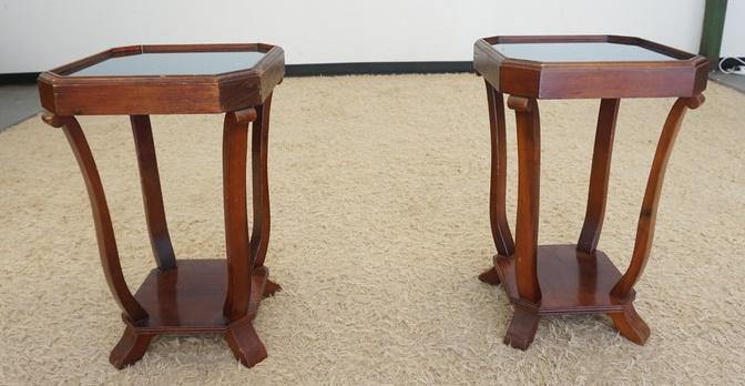 PAIR OF BLUE GLASS TOP END TABLES (1 of 3)