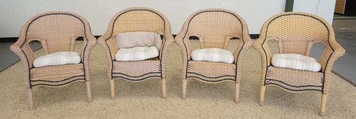 SET OF 4 FAUX WICKER ARMCHAIRS: SET OF 4 FAUX WICKER ARMCHAIRS W/CUSHIONS, 30 IN WIDE X 34 IN HIGH
