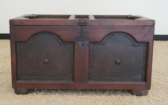 UNUSUAL WOOD FRAMED IRON TRUNK (1 of 4)