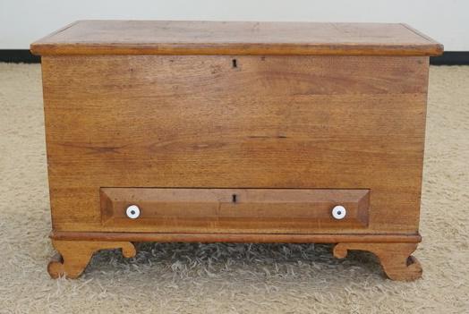 DOVETAILED BLANKET CHEST: DOVETAILED BLANKET CHEST W/DRAWER GLOVE BOX, 38 IN X 18 3/4 IN X 23 3/4 IN HIGH, HINGES LOOSE, SCROLL FEET
