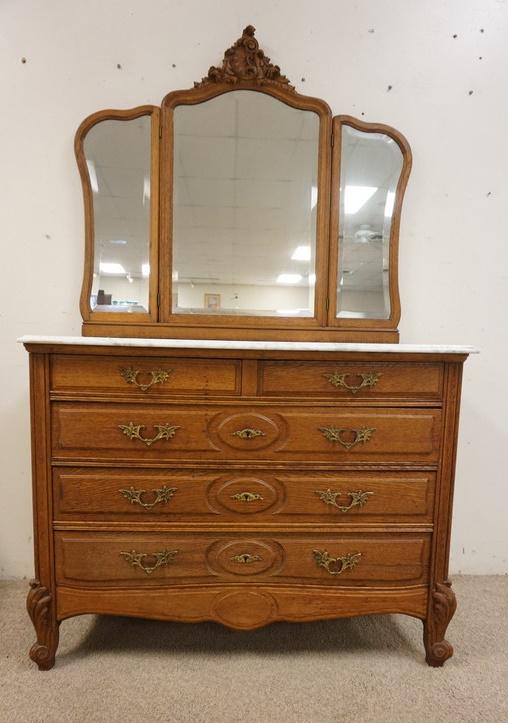 OAK 5 DRAWER MARBLE TOP CHEST (1 of 3)