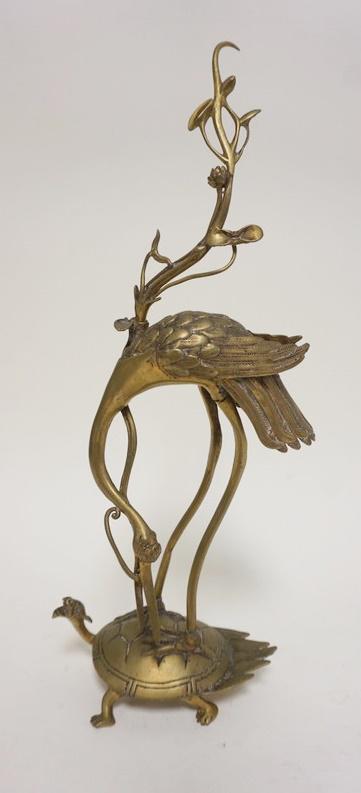 ASIAN BRASS STORK ON TURTLE: ASIAN BRASS STORK ON TURTLE, APPROXIMATELY 14 1/2 IN HIGH