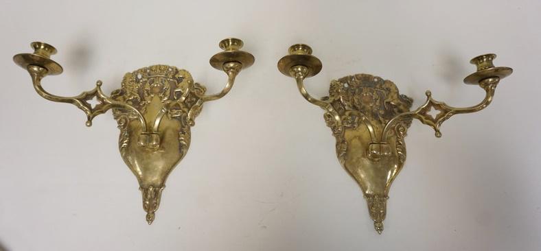 PAIR OF HEAVY CAST BRASS WALL SCONCES (1 of 3)