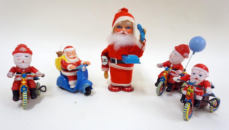 LOT OF 5 VINTAGE WIND UP AND PUSH TOYS: LOT OF 5 WIND UP AND PUSH TOY SANTAS, CHRISTMAS SANTA CLAUS