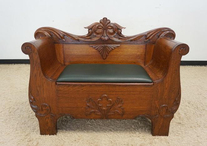 ORNATE HALL BENCH: ORNATE HALL BENCH W/LIFT SEAT FOR STORAGE & SCROLLED ARM, APPROXIMATELY 50 IN WIDE X 18 IN X 36 IN HIGH