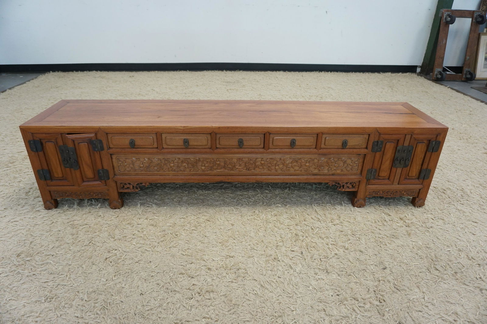 ANTIQUE TEAK 5 DRAWER 4 DOOR LOW CABINET (1 of 3)