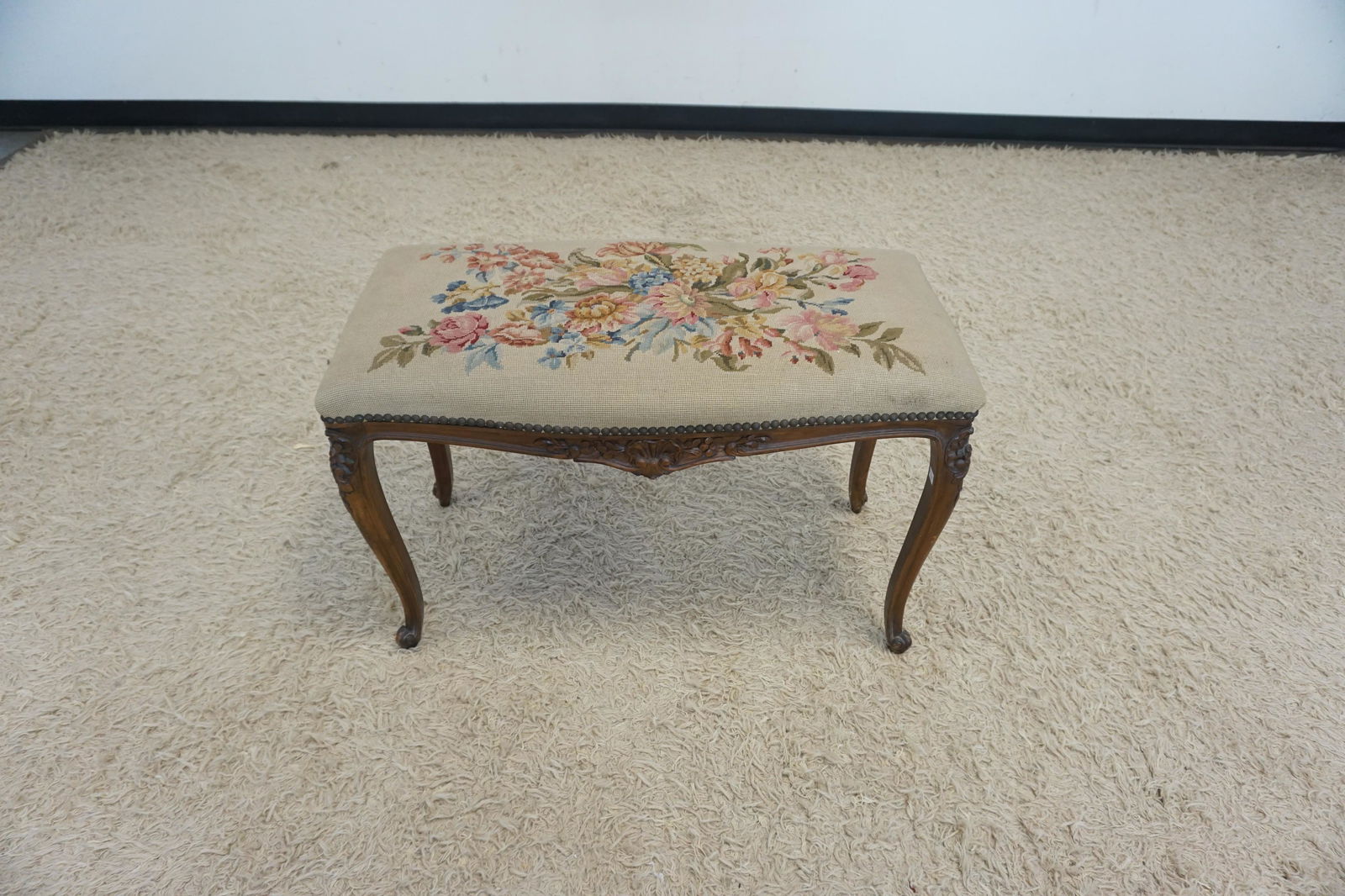 CARVED WALNUT NEEDLEPOINT BENCH (1 of 3)