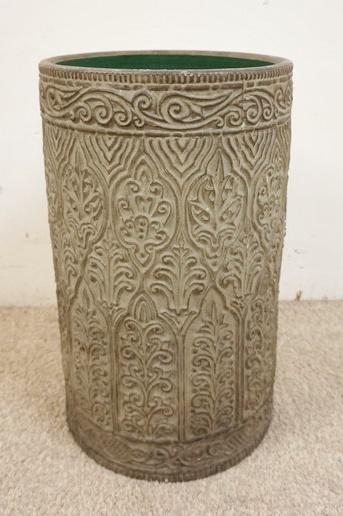 POTTERY UMBRELLA STAND: POTTERY UMBRELLA STAND, ARTS & CRAFTS STYLE DESIGN, APPROXIMATELY 12 IN X 19 1/2 IN HIGH
