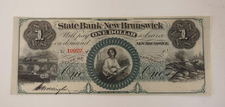 ONE DOLLAR US STATE BANK OF NEW BRUNSWICK NJ: ONE DOLLAR US STATE BANK OF NEW BRUNSWICK NJ 1860'S