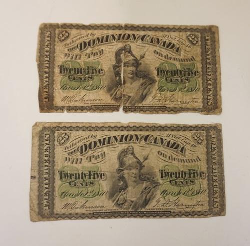 DOMINION OF CANADA 25 CENT NOTE 1870: DOMINION OF CANADA 25 CENT NOTE 1870 X 2