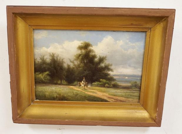 ANTIQUE OIL PAINTING ON BOARD: ANTIQUE OIL PAINTING ON BOARD, MAN IN HORSE DRAWN CART ALONG LAKE SIDE, APPROXIMATELY 11 1/2 IN X 14 3/4 IN OVERALL