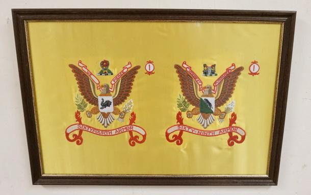 FRAMED WWI SILK EMBROIDERY: FRAMED WWI SILK EMBROIDERY, SIXTYFOURTH & SIXTYNINTH, APPROXIMATELY 17 3/4 IN X 25 1/2 IN