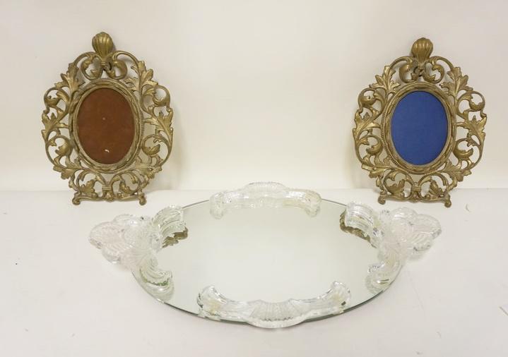 LOT PAIR OF FRAMES & MIRRORED DRESSER TRAY (1 of 1)