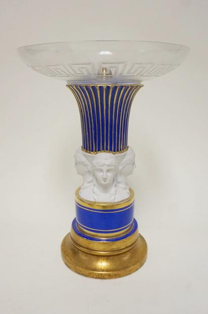COMPOTE WITH BISQUE COLUMN & CUT GLASS TOP: COMPOTE WITH BISQUE COLUMN & CUT GLASS TOP, COLUMN HAS FIGURE HEADS OF WOMEN & COLBALT W/GILT HIGHLIGHTING, APPROXIMATELY 9 3/4 IN X 13 3/4 IN HIGH