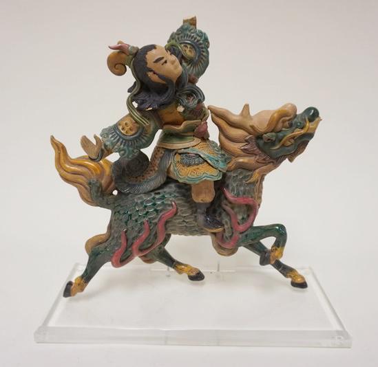 ASIAN POTTERY WARRIOR ON DRAGON: ASIAN POTTERY WARRIOR ON DRAGON MOUNTED ON LUCITE BASE, SOME LOSSES, APPROXIMATELY 11 IN X 12 IN HIGH