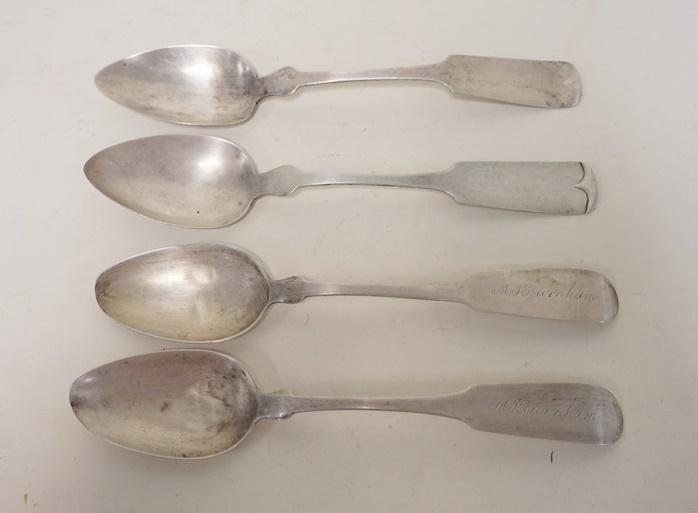 COIN SILVER SPOONS, LOT OF 4: COIN SILVER SPOONS, LOT OF 4-9 IN, 5.1 TOZ, 2 N HARDING, 2 A.J. EVANS *PURE COIN SILVER*