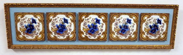 COLLECTION OF 5 ENGLISH FLORAL TILES: COLLECTION OF 5 ENGLISH FLORAL TILES MOUNTED IN GILT FRAME, SOME LOSS ON FRAME, APPROXIMATELY 10 IN X 36 IN