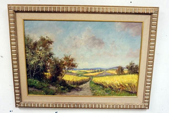 HAN KERVER OIL PAINTING: OIL PAINTING ON CANVAS, LANDSCAPE OF FIELDS AND VILLAGE IN DISTANCE, SIGNED HAN KERVER. APPROXIMATELY 33 IN X 45 IN OVERALL