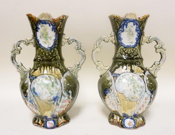 PAIR OF MAJOLICA DOUBLE HANDLED VASES (1 of 3)