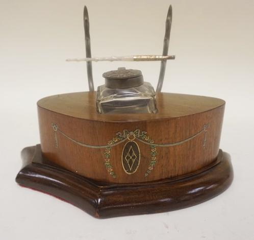 ANTIQUE INKWELL: ANTIQUE INKWELL W/ PEN HOLDER. APP. 10 IN X 6 1/2 IN H