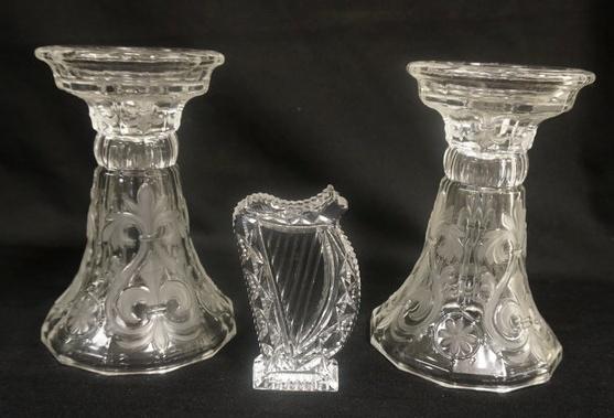 CANDLESTICKS & WATERFORD PAPERWEIGHT: PAIR OF FROSTED GLASS CANDLESTICKS & WATERFORD HARP PAPERWEIGHT. CANDLESTICKS ARE APP. 8 IN H