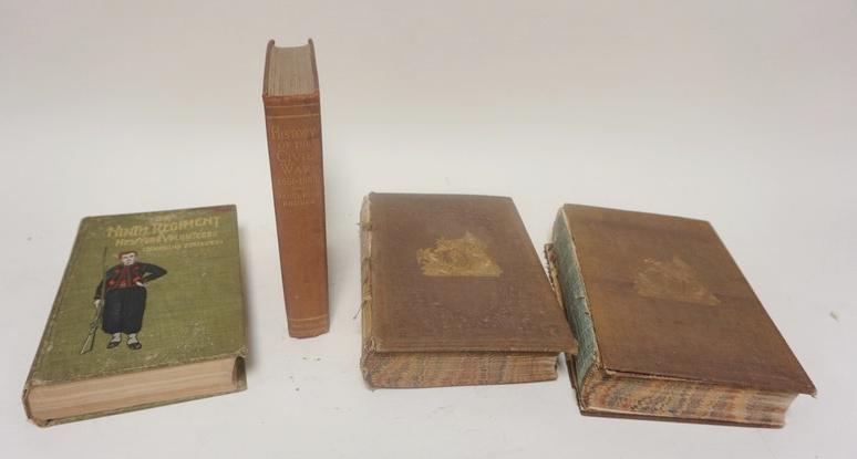 LOT OF 4 ANTIQUE CIVIL WAR BOOKS: LOT OF 4 ANTIQUE CIVIL WAR BOOKS, THE NINTH REGIMENT NEW YORK VOLUNTEERS, HISTORY OF THE CIVIL WAR, 2 VOLUMES HISTORY OF THE CIVIL WAR IN AMERICA, BOARDS LOOSE, MISSING SPINES