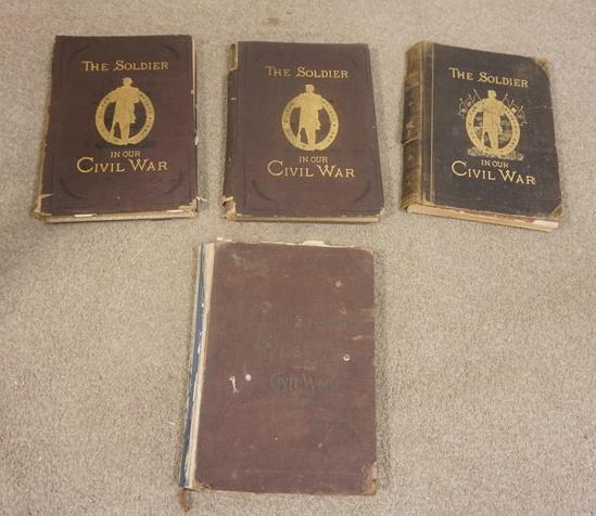 LOT OF 4 ANTIQUE OVERSIZE CIVIL WAR BOOKS: LOT OF 4 ANTIQUE OVERSIZE CIVIL WAR BOOKS, THE SOLDIER IN OUR CIVIL WAR & FAMOUS LEADERS & BATTLE SCENES OF THE CIVIL WAR, LOSS TO SPINES & BOARDS LOOSE