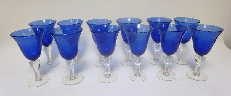 LOT OF 12 BLUE GLASS HAND BLOWN GOBLETS (1 of 2)