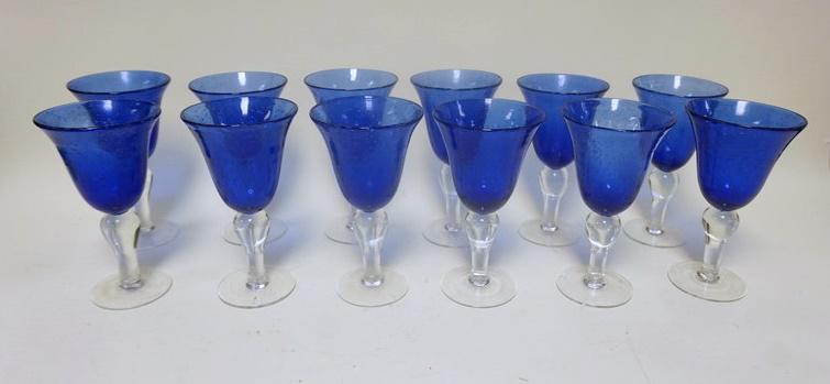LOT OF 12 BLUE GLASS HAND BLOWN GOBLETS (1 of 2)