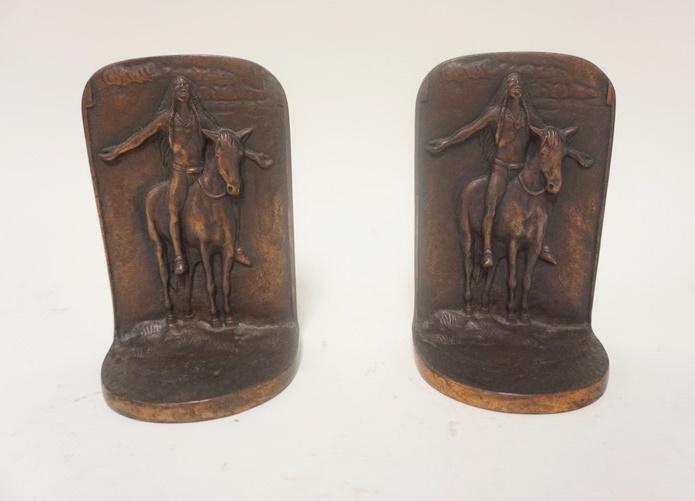AMERICAN INDIAN ON HORSE BOOKENDS: AMERICAN INDIAN ON HORSE BOOKENDS, CAST METAL BY BRONZMET DATED 7/22/1924, APPROXIMATELY 7 3/4 IN HIGH