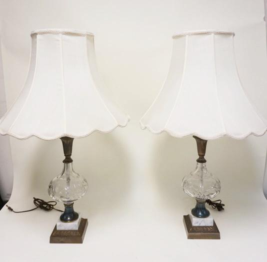 PAIR OF CENTER CUT GLASS TABLE LAMPS: PAIR OF CENTER CUT GLASS TABLE LAMPS ON MARBLE & CAST METAL BASES, APPROXIMATELY 33 IN HIGH