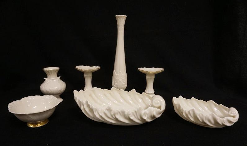 LENOX LOT: LENOX LOT INCLUDING SHELL DISHES, CANDLESTICKS, & VASES, LARGEST IS APPROXIMATELY 11 IN HIGH