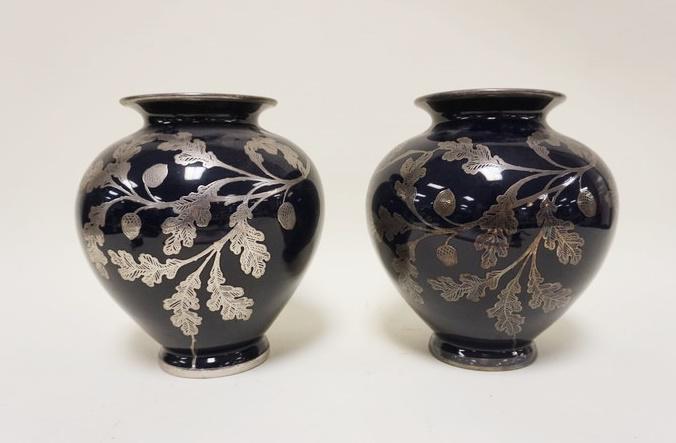 PAIR OF DARK COLBALT VASES W/SILVER OVERLAY (1 of 2)