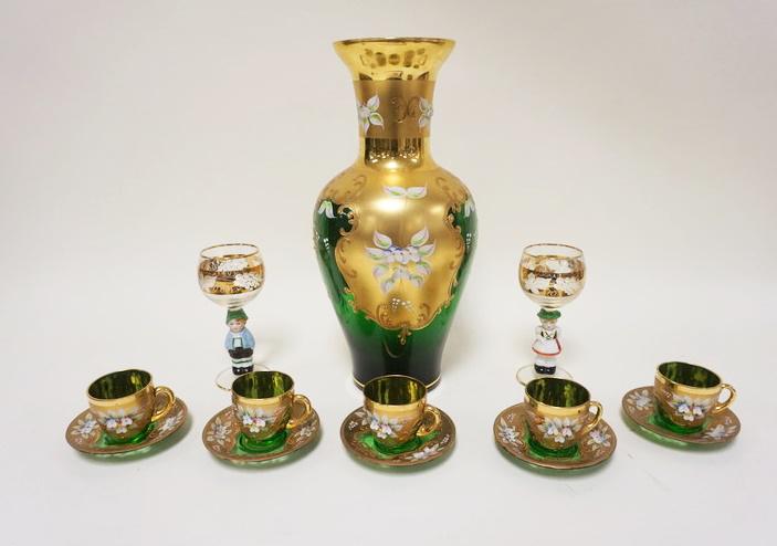 LOT OF EMERALD GREEN ENAMELED DECORATED GLASS (1 of 3)