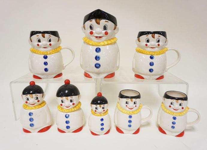 GOEBEL CLOWN PITCHER, MUGS, & COVERED JARS: GOEBEL CLOWN PITCHER, MUGS, & COVERED JARS, TALLEST IS APPROXIMATELY 7 3/4 IN