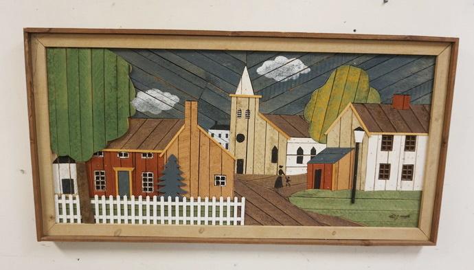LARGE FOLK ART WOOD CUT SCENE OF TOWN: LARGE FOLK ART WOOD CUT SCENE OF TOWN, ARTIST SIGNED, APPROXIMATELY 25 1/2 IN X 49 IN