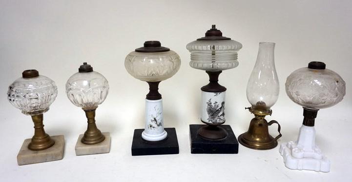 6 ANTIQUE KEROSENE LAMPS: LOT OF 6 ANTIQUE KEROSENE LAMPS