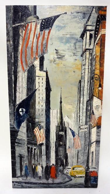 SIGNED OIL PAINTING: OIL PAINTING ON CANVAS, IMPRESSIONIST STREET SCENE, ARTIST SIGNED. APPROXIMATELY 15 IN X 30 IN