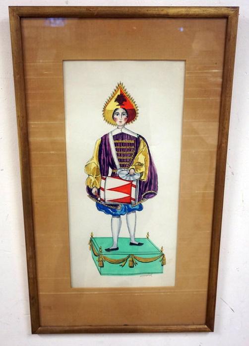 ARTIST SIGNED WATER COLOR: ARTIST SIGNED WATER COLOR OF JESTER LIKE FIGURE PLAYING DRUM AND CYMBLE IN STAND, APPROXIMATELY 16 IN X 27 IN