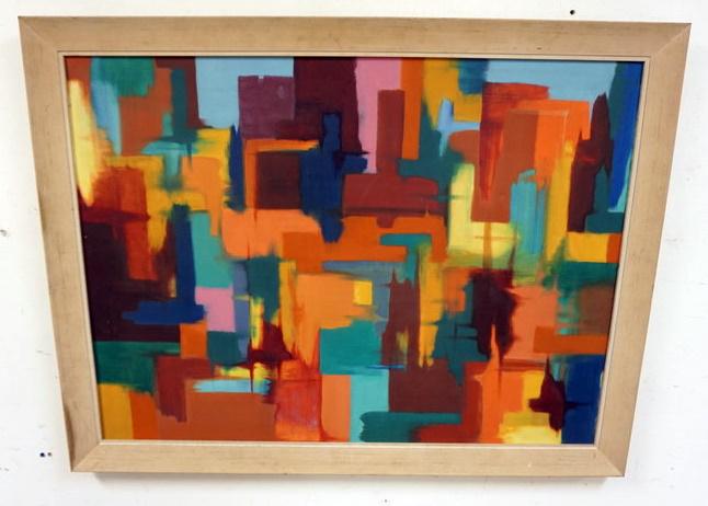 BARBARA CHILDS OIL PAINTING: OIL PAINTING ON CANVAS, ABSTRACT TITLED *RAINY CITY*, BARBARA CHIDS 1958. OVERALL APPROXIMATELY 35 IN X 45 IN