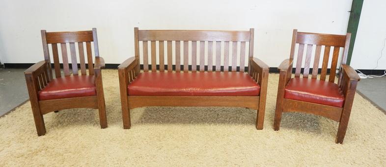 OAK 3 PIECE ARTS AND CRAFTS BENCH AND 2 CHAIRS (1 of 8)